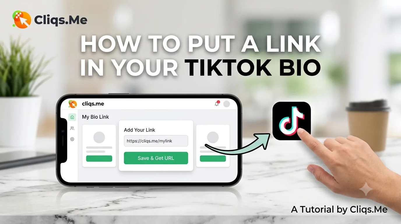 Cliqs.me tutorial graphic showing how to put a link in your TikTok bio