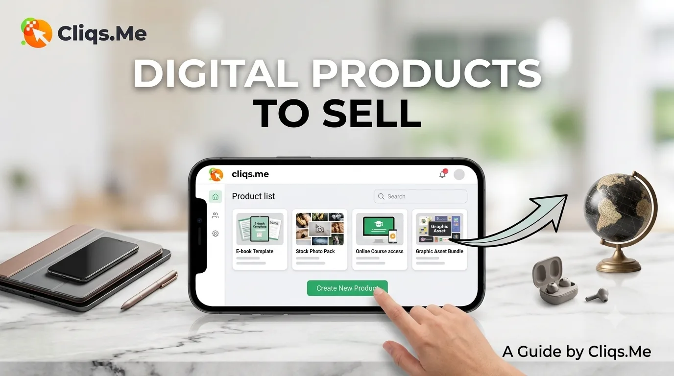 Cliqs.me guide graphic showing digital products to sell from a creator storefront
