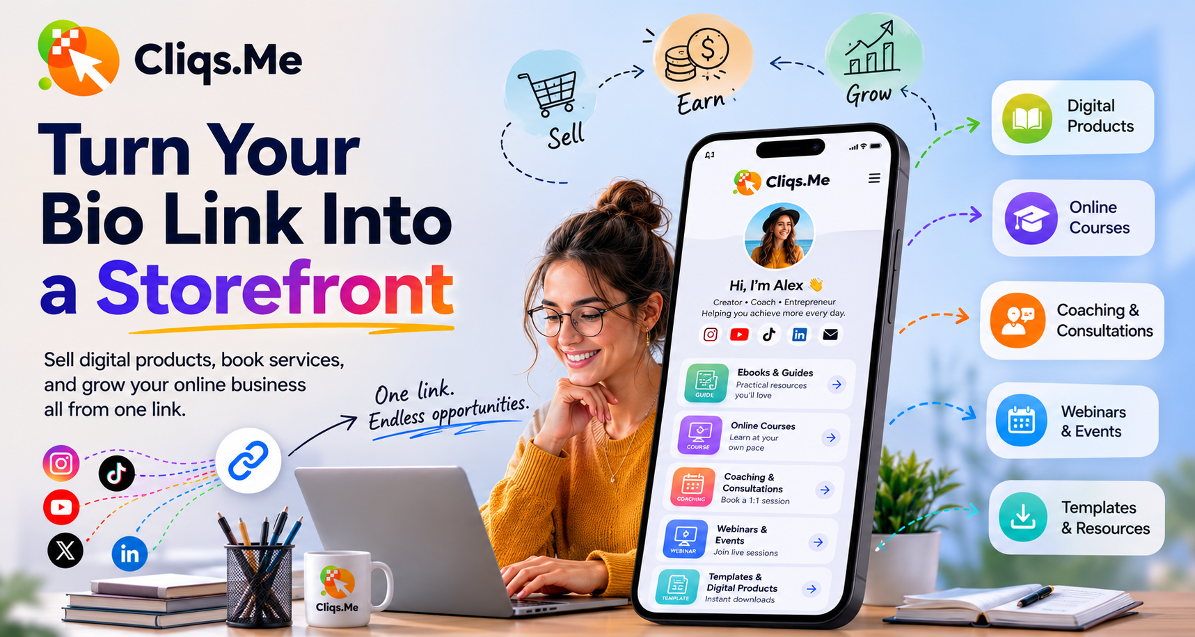 Cliqs.me guide showing how to turn a bio link into a storefront for digital products, courses, coaching, webinars, and templates