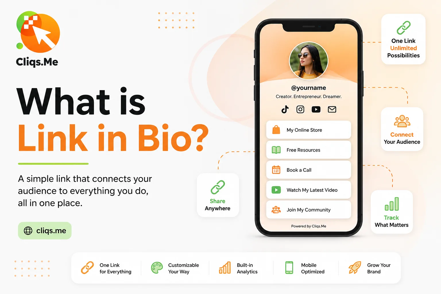 What is link in bio guide showing a Cliqs.me creator page with links, a store, resources, bookings, videos, and analytics